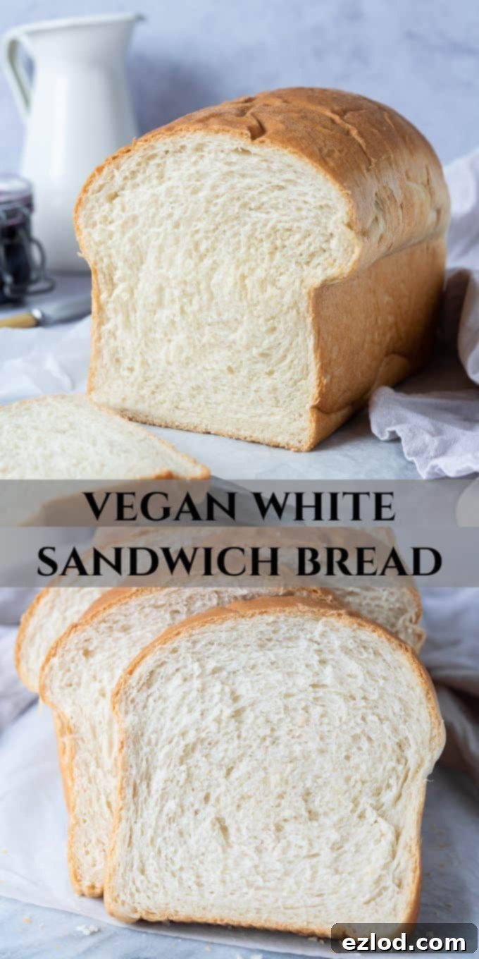 A large image suitable for Pinterest, featuring vegan white sandwich bread. The text on the image highlights that it's easy, soft, delicious, eggless, and dairy-free.
