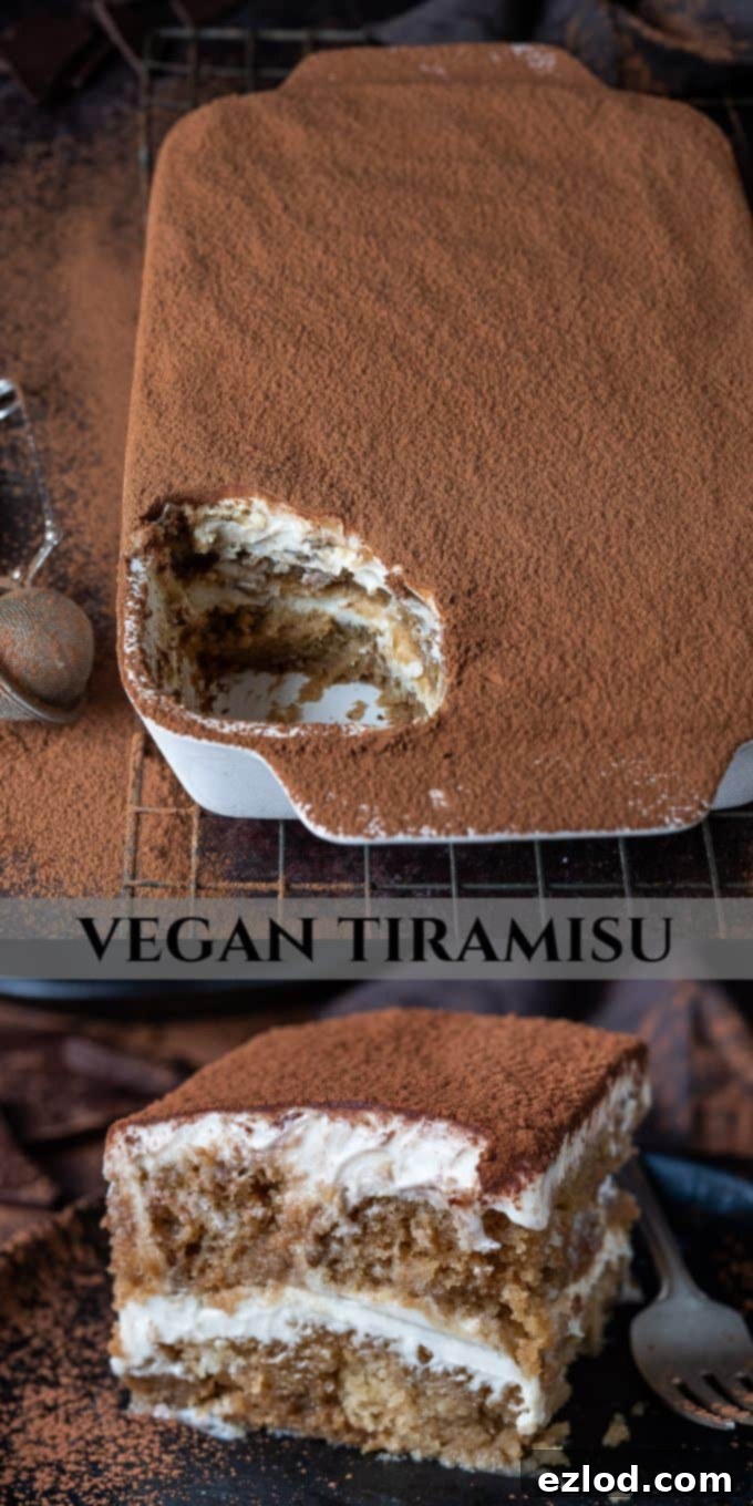 pinterest image for vegan tiramisu recipe, showcasing the layered dessert with cocoa dusting.