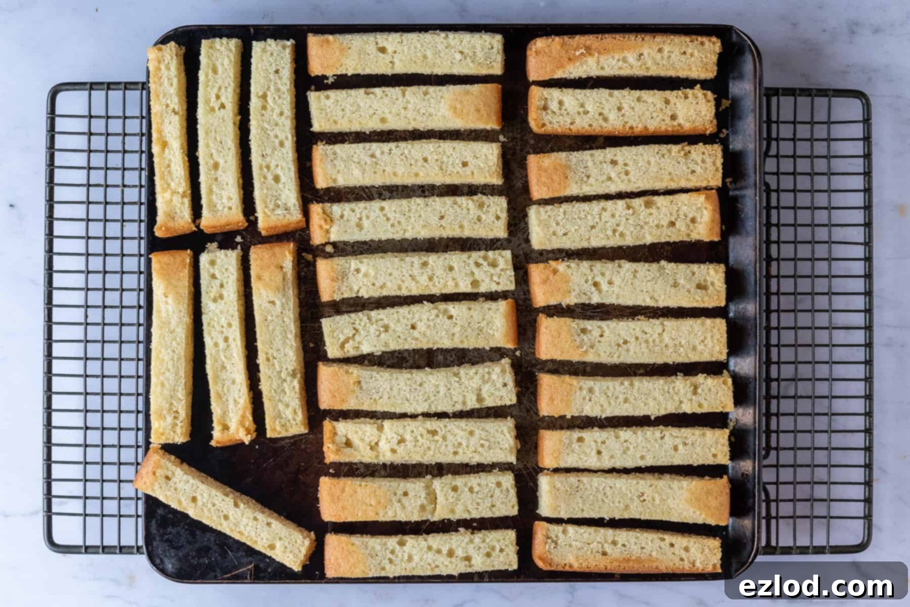 Step 3 in making vegan tiramisu: baking the vanilla cake fingers until dry.