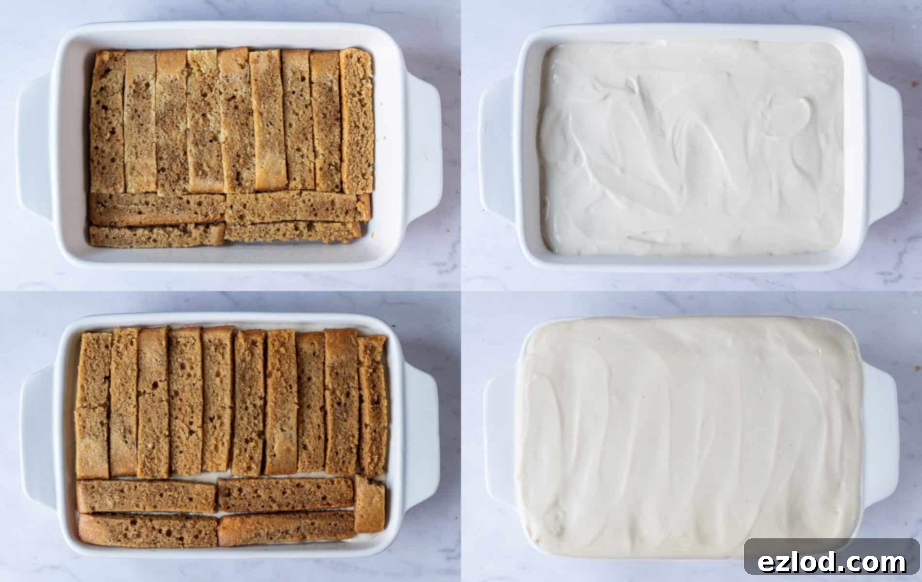 Step 5 in making vegan tiramisu: assembling the layers of coffee-soaked cake fingers and cashew cream.