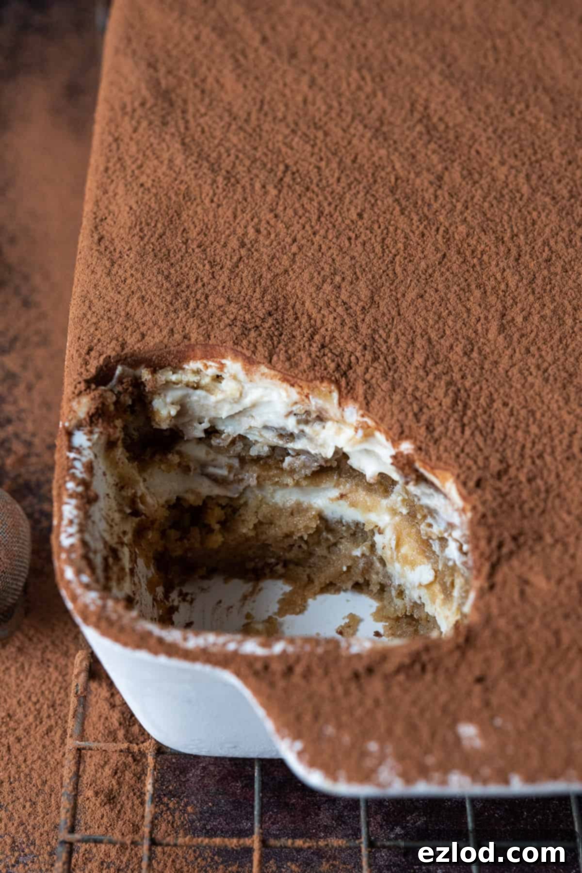 Close up of a spoonful removed from a dish of vegan tiramisu, revealing its luscious layers and rich cocoa dusting.