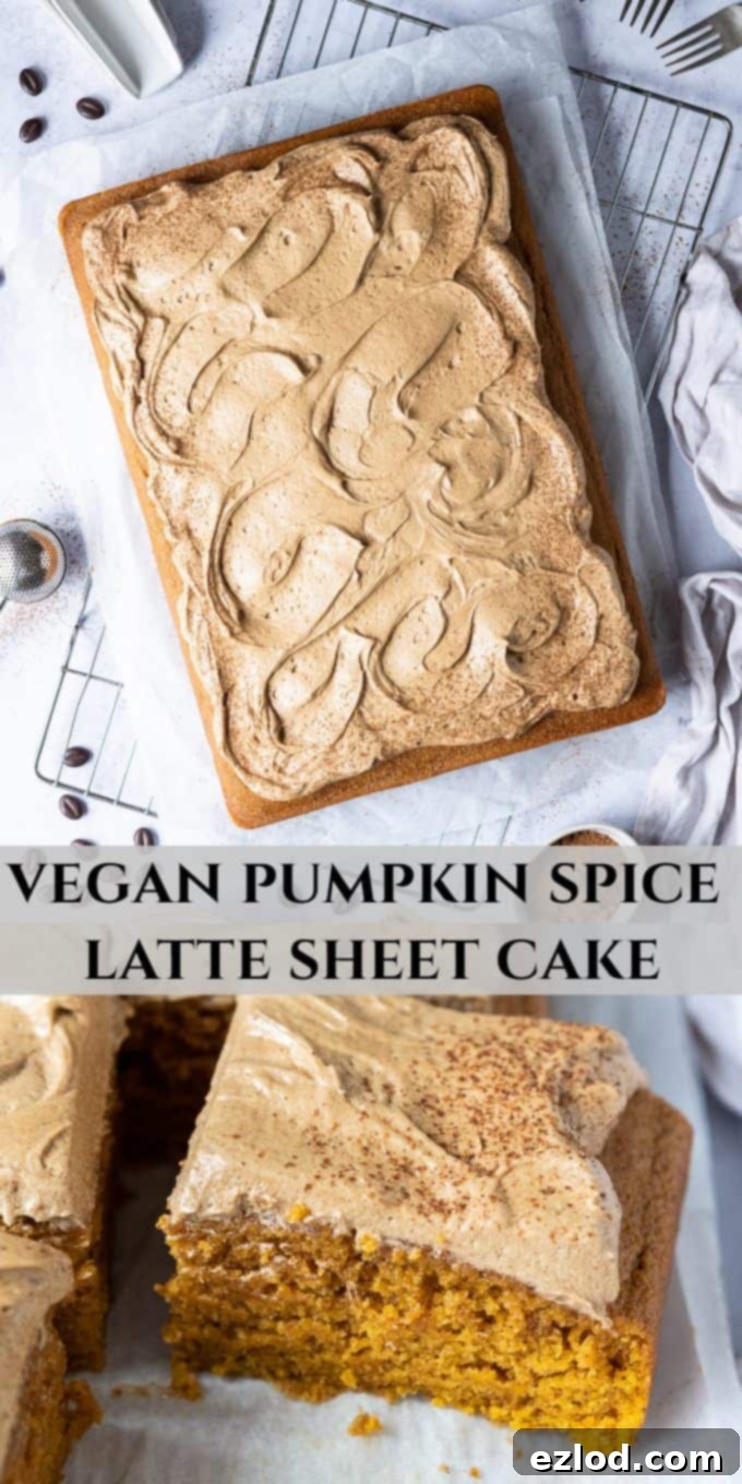 A high-quality image of the Vegan Pumpkin Spice Latte Cake, suitable for Pinterest sharing, featuring a beautiful top-down view of the frosted cake and decor.