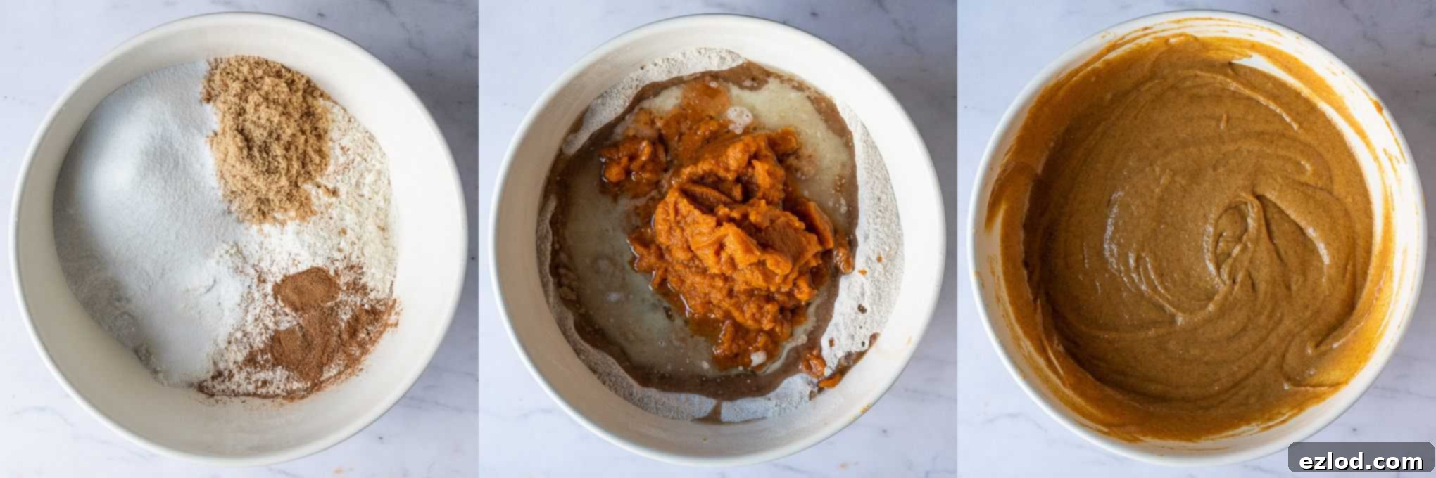 Step-by-step photo showing the mixing of wet and dry ingredients for the vegan pumpkin spice latte cake batter in a large bowl, demonstrating the smooth consistency.
