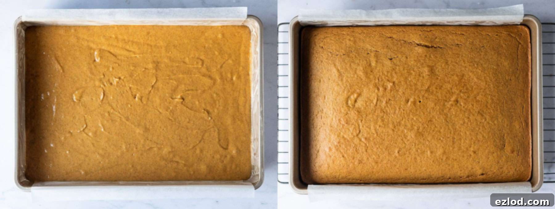 Step-by-step photo of the vegan pumpkin spice latte cake baking evenly in a rectangular tin inside a warm oven, showing a golden-brown surface.