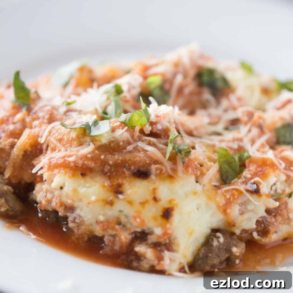 Low-Carb Spaghetti Squash Lasagna 2 Close up of Spaghetti Squash Lasagna with ground chicken sausage and topped with fresh basil.