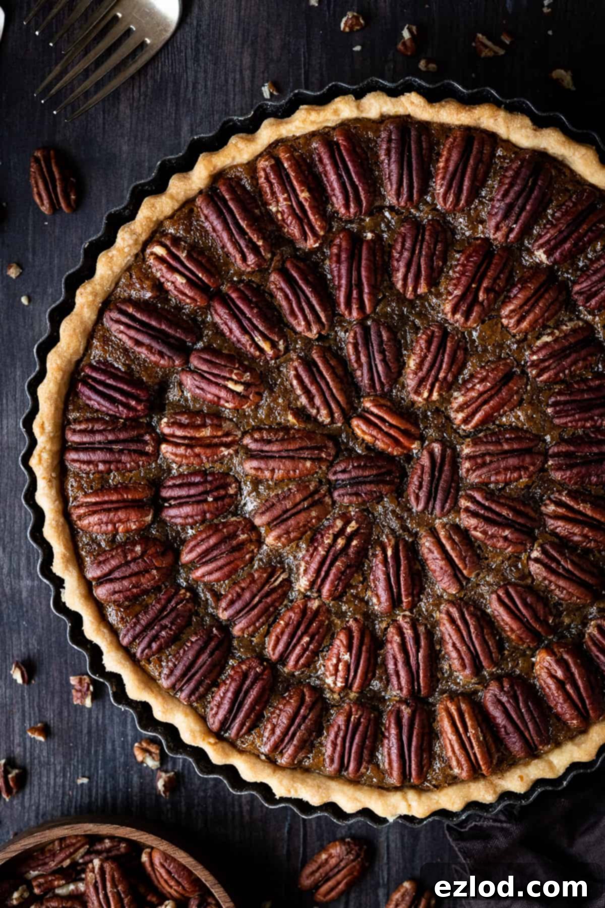 Close up of the top of vegan pecan pie.