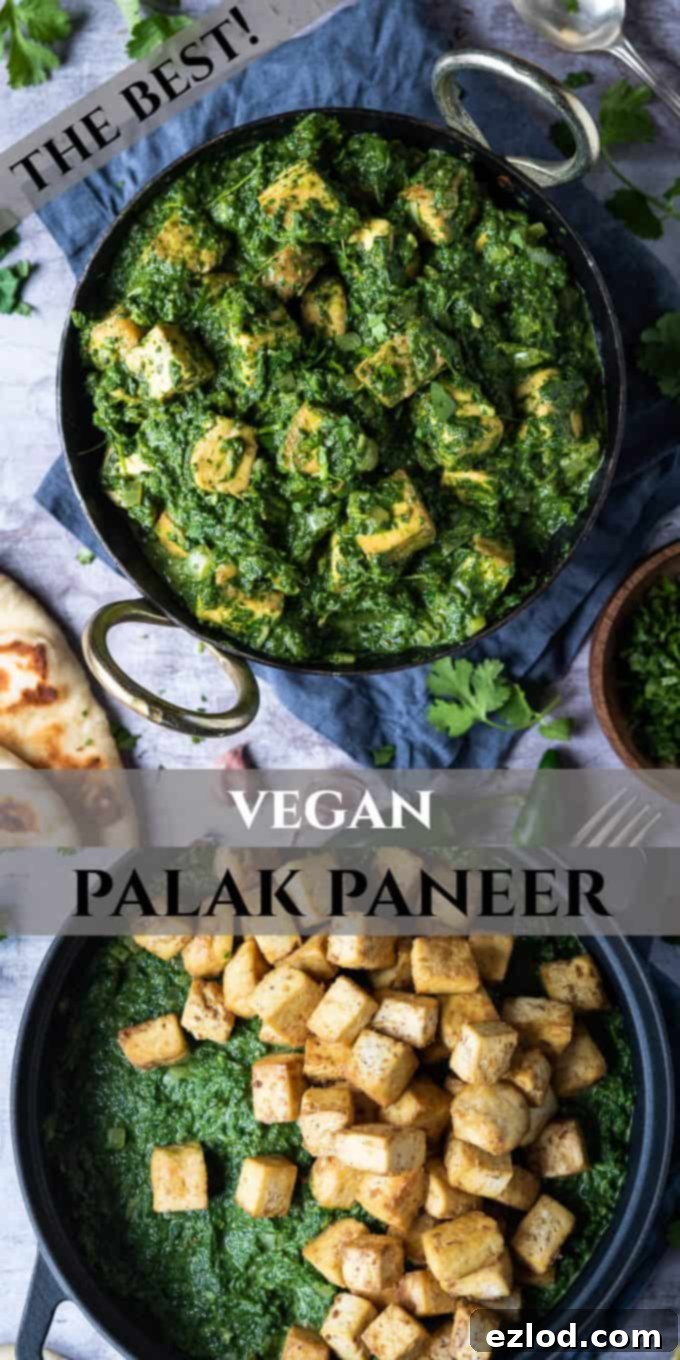 A Pinterest-optimized image featuring Vegan Palak Paneer, highlighting its creamy texture and delicious appeal, with text overlay for easy sharing and discovery among plant-based food enthusiasts and curry lovers.