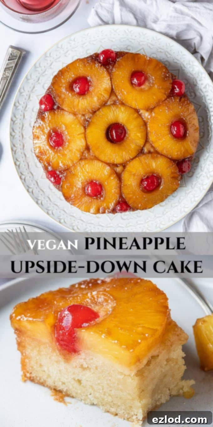 Pinterest image promoting a vegan pineapple upside-down cake recipe, showing a slice on a white plate with a fork.