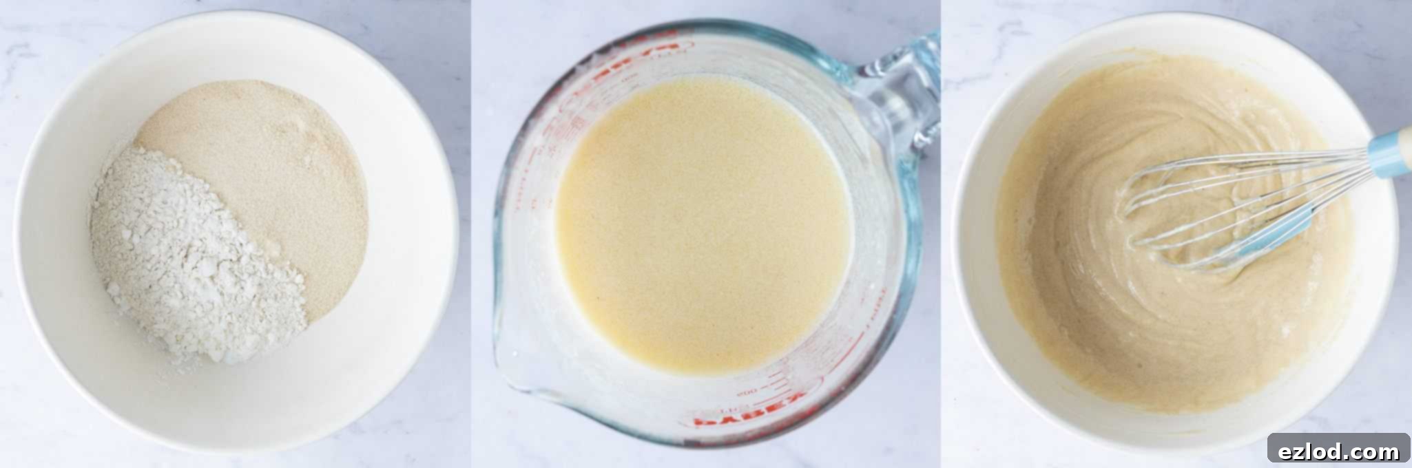 Step-by-step image depicting the process of making the cake batter for vegan pineapple upside-down cake, with wet and dry ingredients combined.