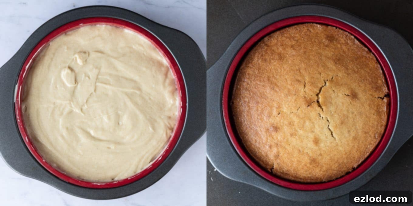 Step-by-step image showing the vegan pineapple upside-down cake baking in the oven, golden brown and rising beautifully.