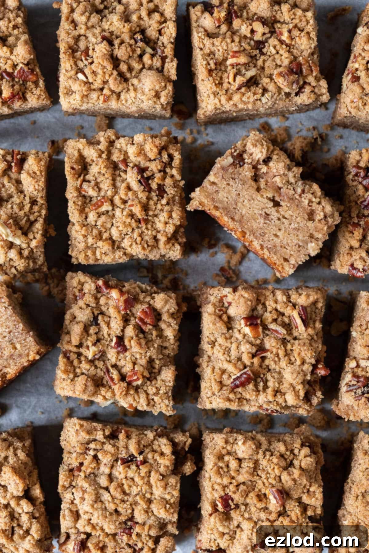 Close up of squares of vegan banana crumb cake.