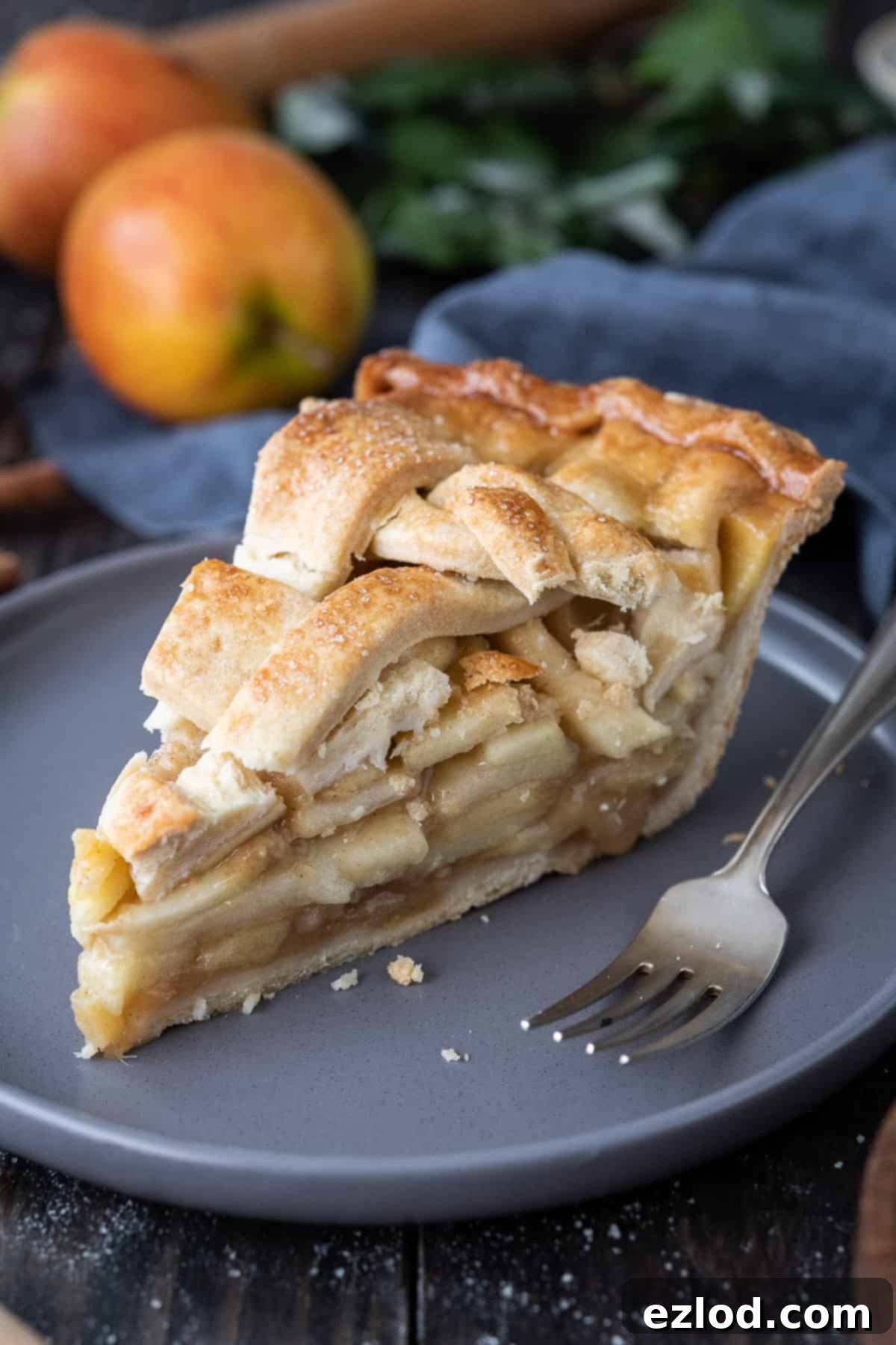 A perfectly baked slice of vegan ginger apple pie on a simple grey plate, accompanied by a fork, highlighting the delicious filling and golden crust.
