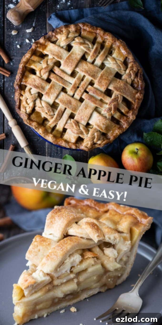 A Pinterest-optimized image featuring the vegan ginger apple pie, perfect for social sharing, with descriptive text and hashtags.