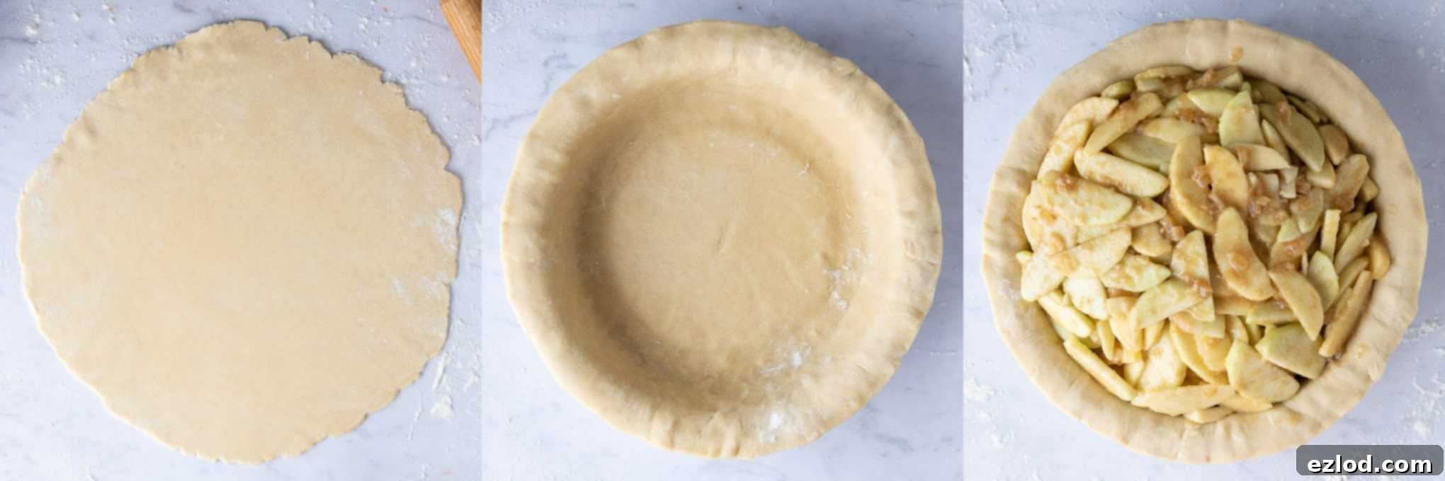 Step-by-step image showing the assembly of a vegan ginger apple pie, with the pie dish lined with pastry and the apple and ginger filling being piled high inside.