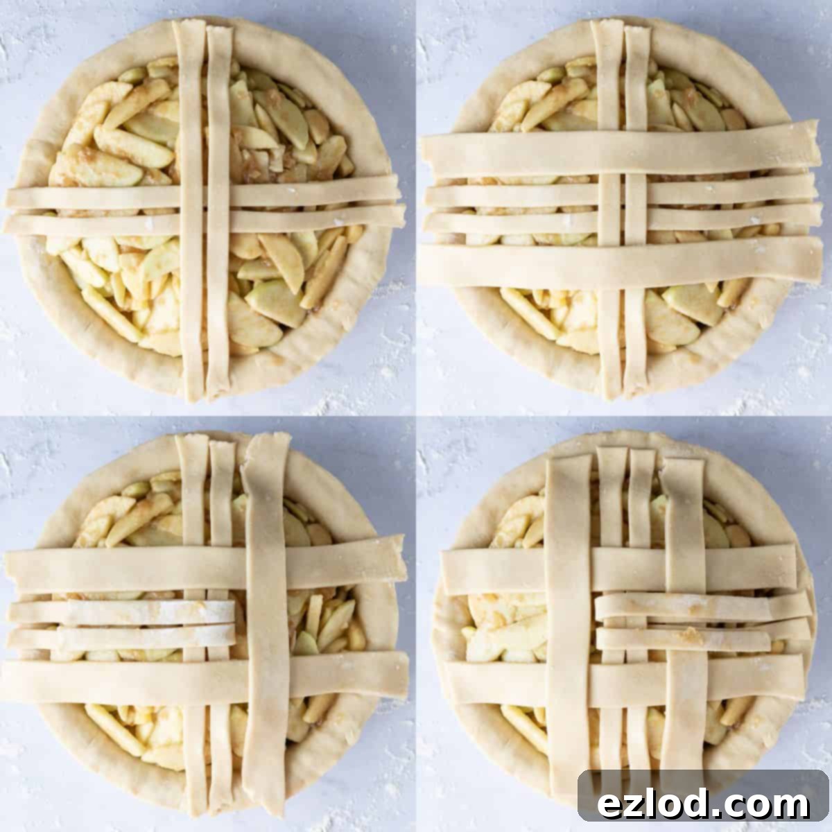 Step-by-step image demonstrating how to weave a lattice pie crust, showing pastry strips being interlaced over the apple filling to form a decorative top.