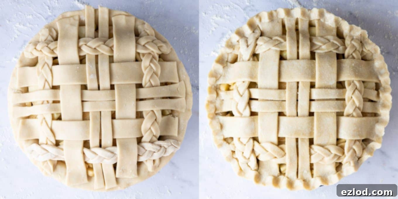 Step-by-step image showing the final stage of pie assembly, where the edges of the lattice crust are crimped with a fork for a decorative finish.