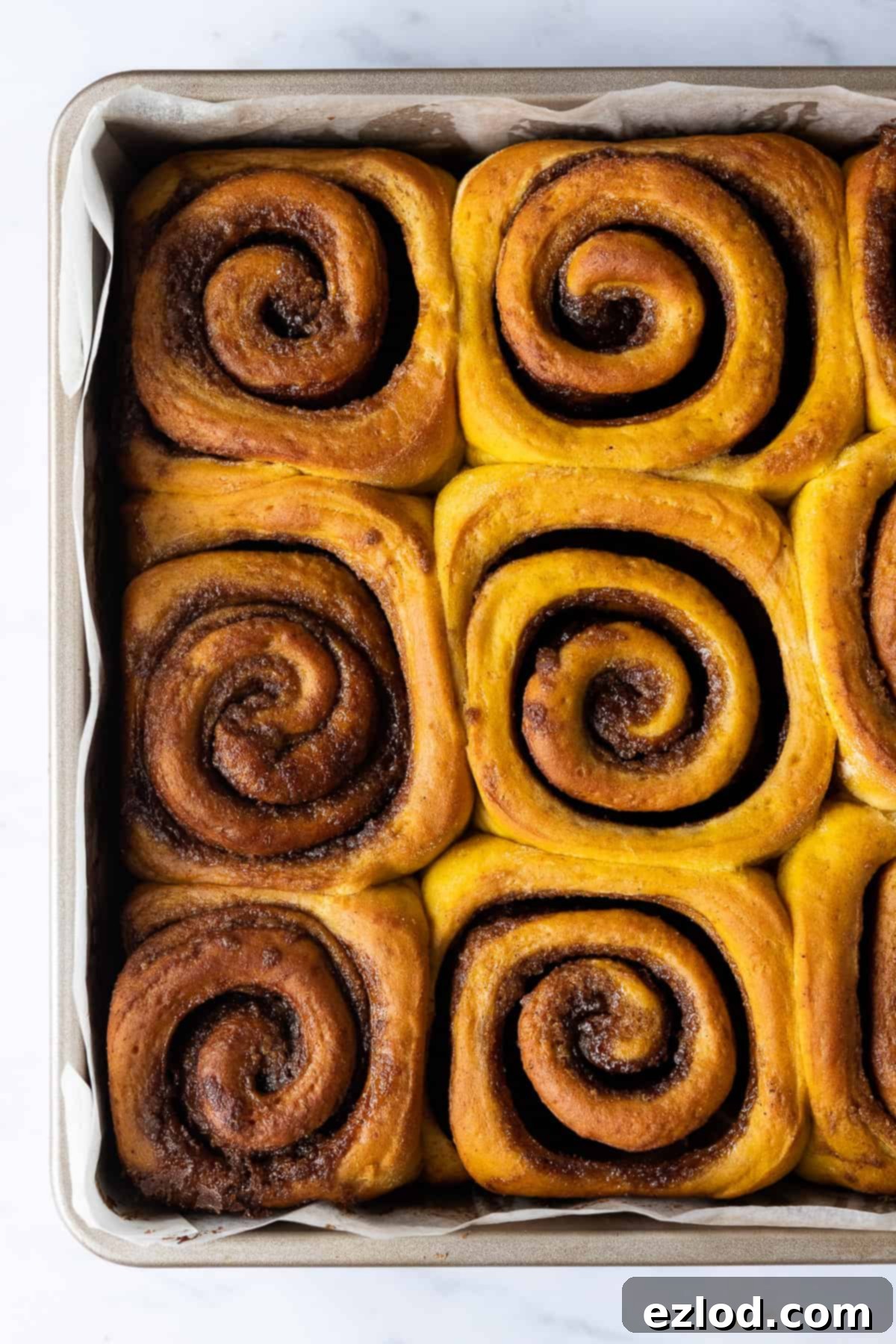 A close-up of unglazed vegan pumpkin cinnamon rolls, perfectly golden brown, still warm in a metal cake tin, ready for glazing.