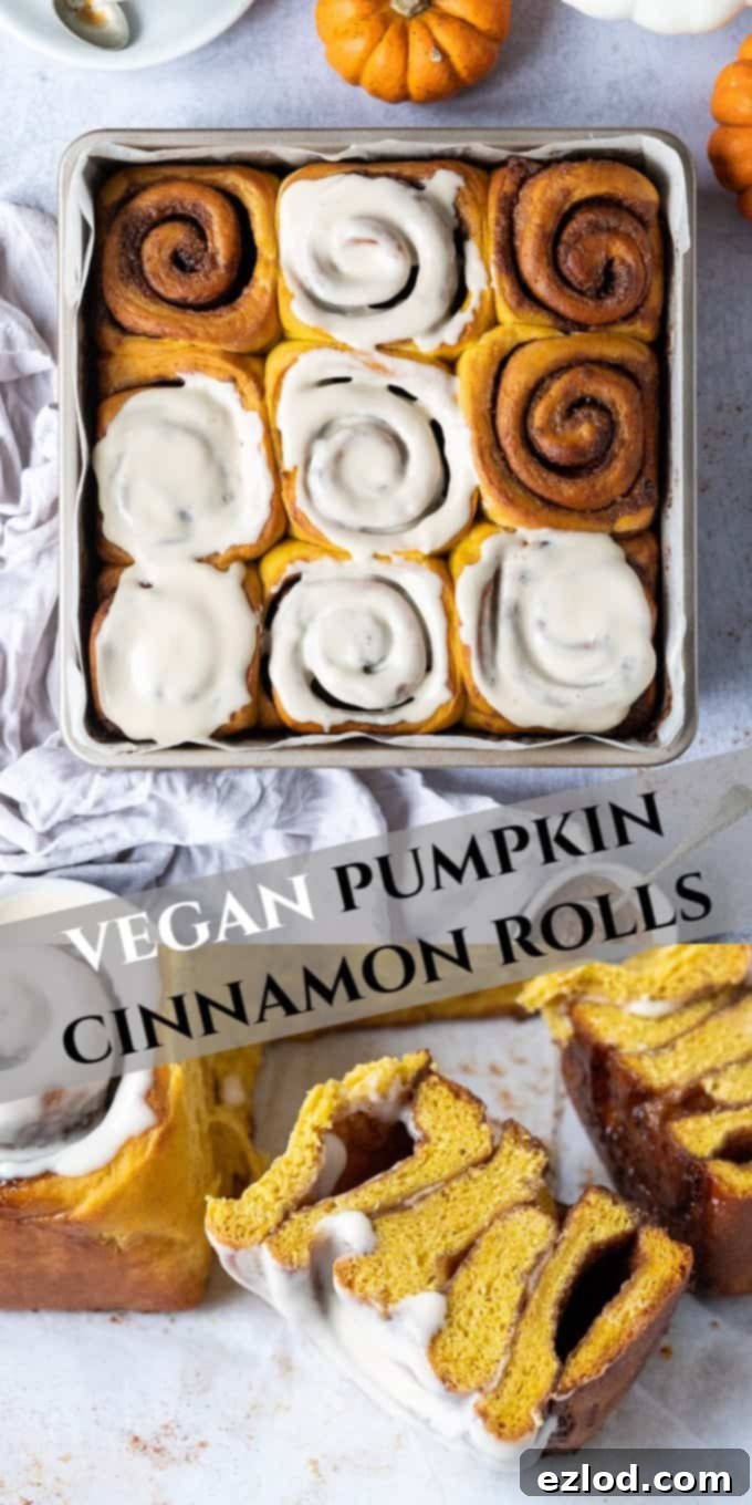 Pinterest image: A single perfect vegan pumpkin cinnamon roll, beautifully glazed, with autumn leaves and a cozy background, ideal for sharing on social media.