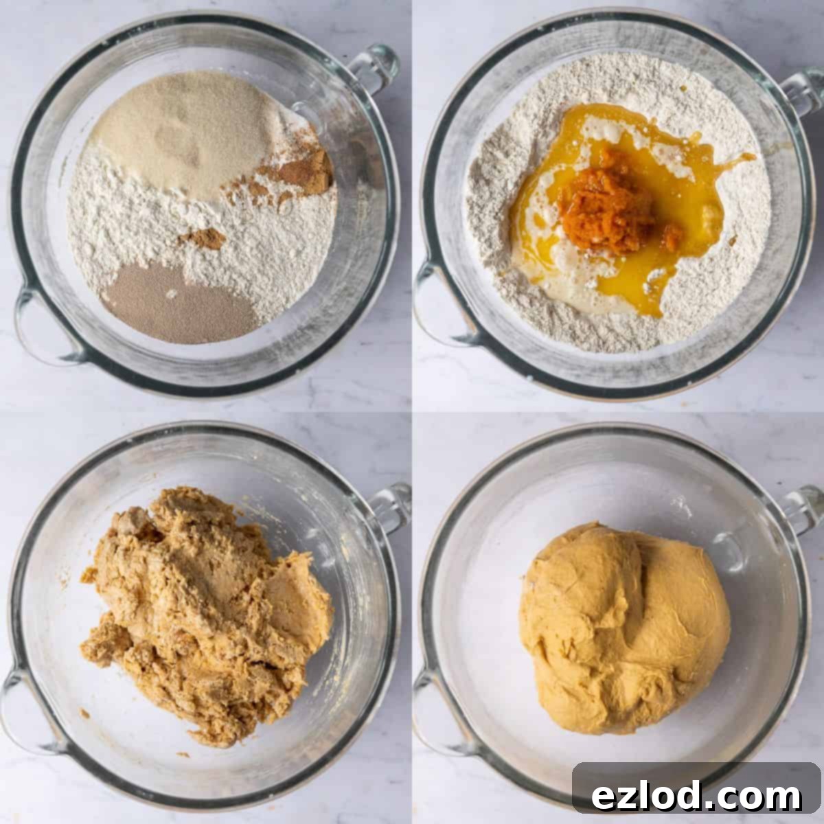 Step 1 in making vegan pumpkin cinnamon rolls: close-up of dough being mixed in a stand mixer, showcasing the smooth, pumpkin-colored consistency.