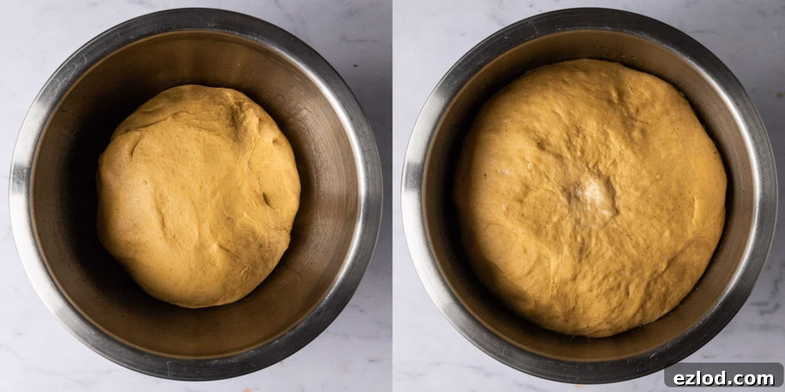 Step 2 in making vegan pumpkin cinnamon rolls: a bowl of dough, covered, rising in a warm place, showing its increased volume.