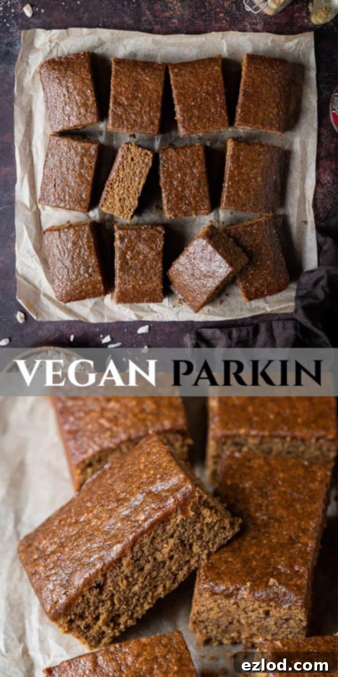 A beautifully designed Pinterest-ready image for vegan parkin, showcasing golden-brown slices with text overlay promoting the recipe as a sticky, spicy ginger cake for Bonfire Night.