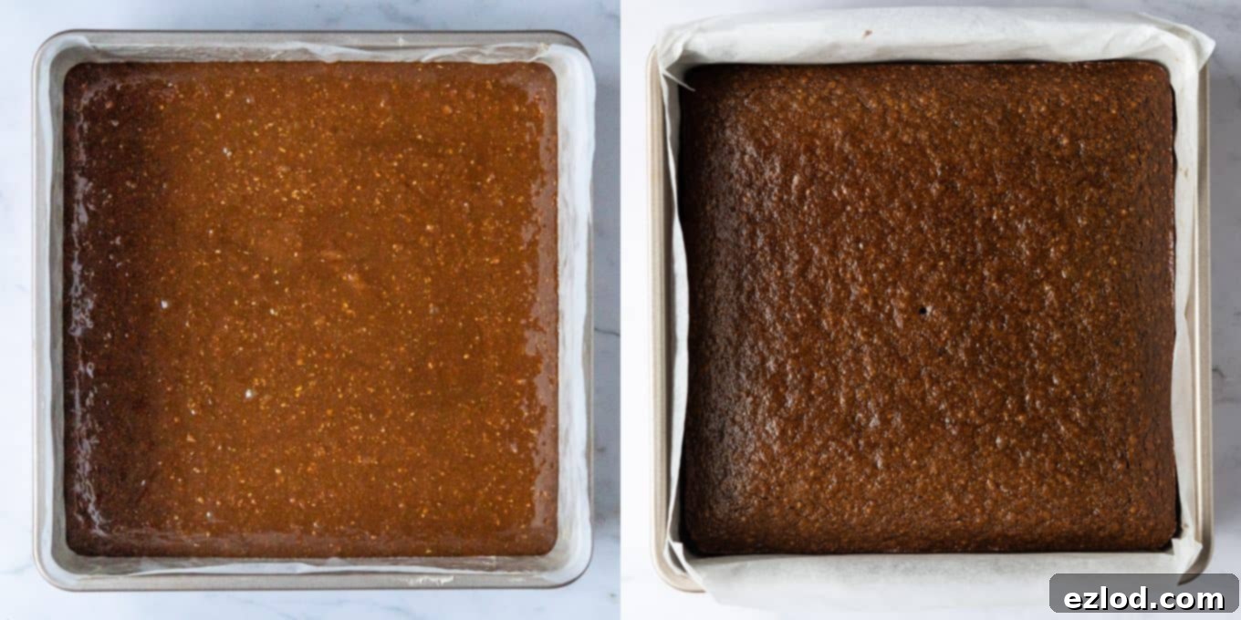 A two-part image depicting the baking process: on the left, raw parkin batter is spread evenly in a lined baking tin; on the right, the parkin is golden brown and perfectly baked in the oven, ready to be removed.