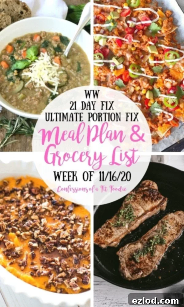 Photo collage with food pictures and black and pink text on a white circle. Text says, WW | 21 Day Fix | Ultimate Portion Fix | Meal Plan & Grocery List | Week of 11/16/20 | Confessions of a Fit Foodie