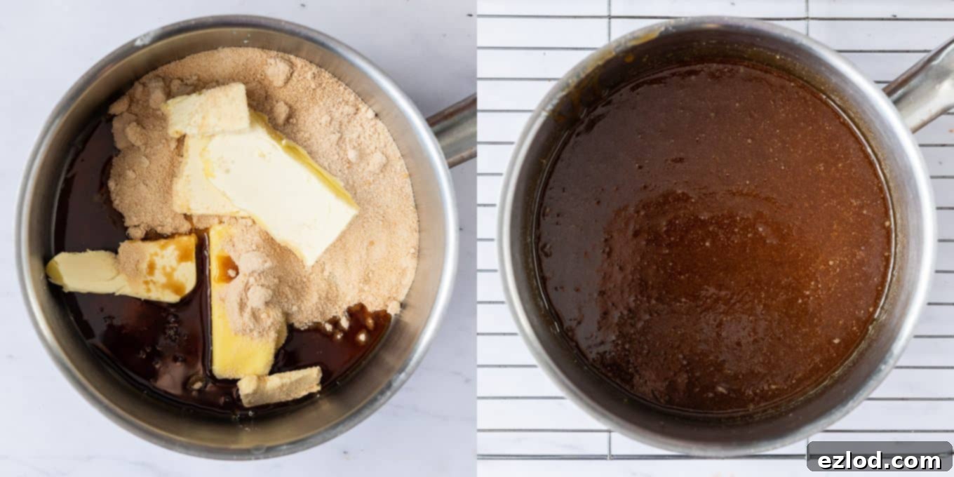 Step 3 in making vegan steamed maple syrup pudding: melting butter, sugar, and maple syrup in a pan.