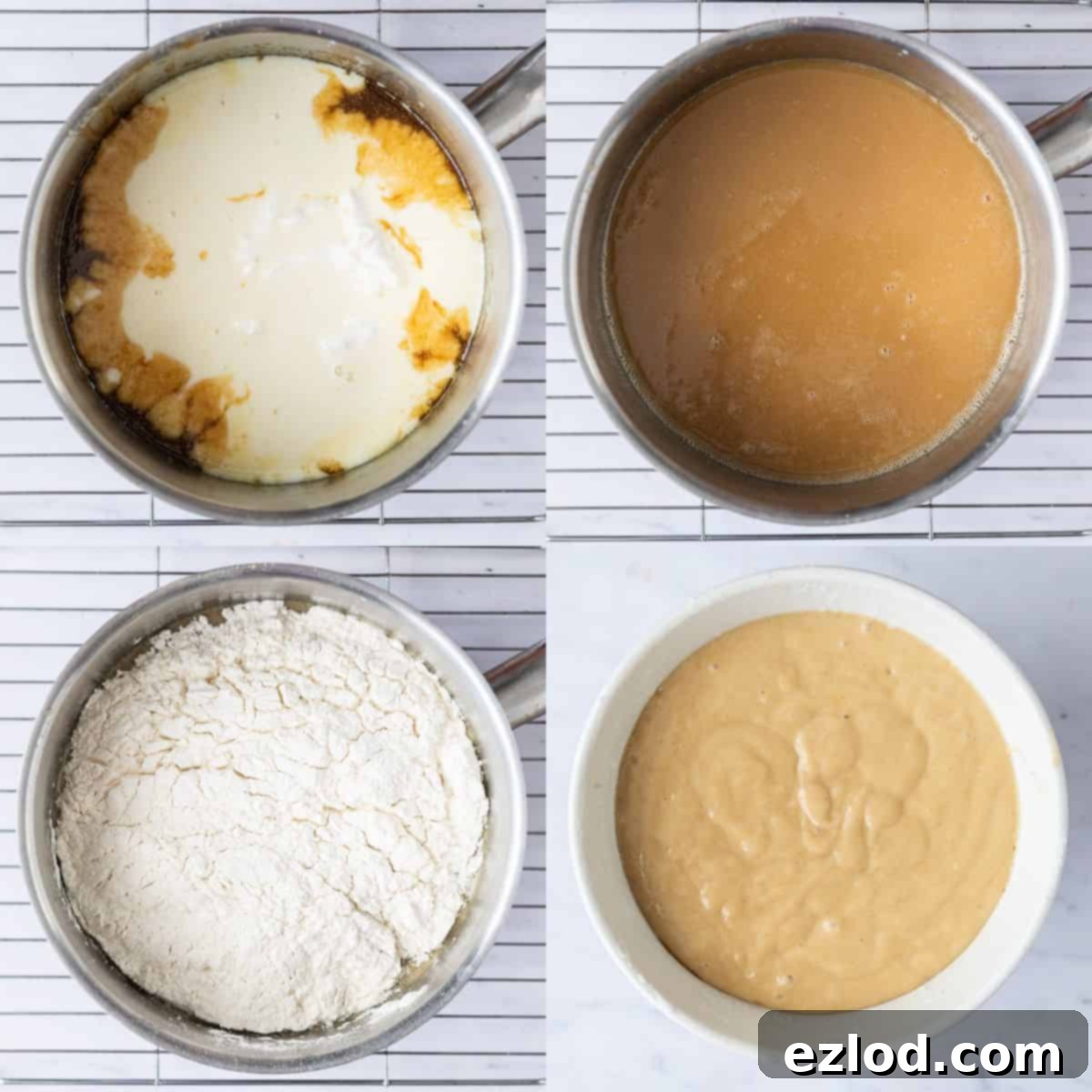 Step 4 in making vegan steamed maple syrup pudding: combining wet and dry ingredients to form the smooth pudding batter.