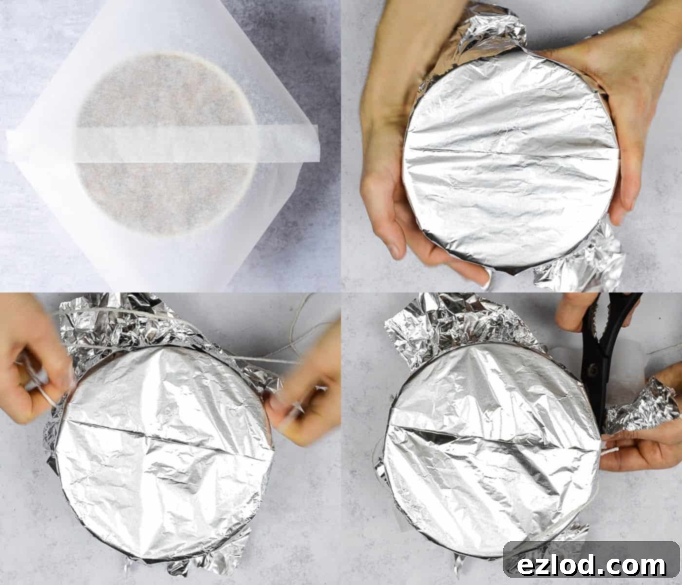 Step 5 in making vegan steamed maple syrup pudding: sealing the pudding basin securely with foil and string.