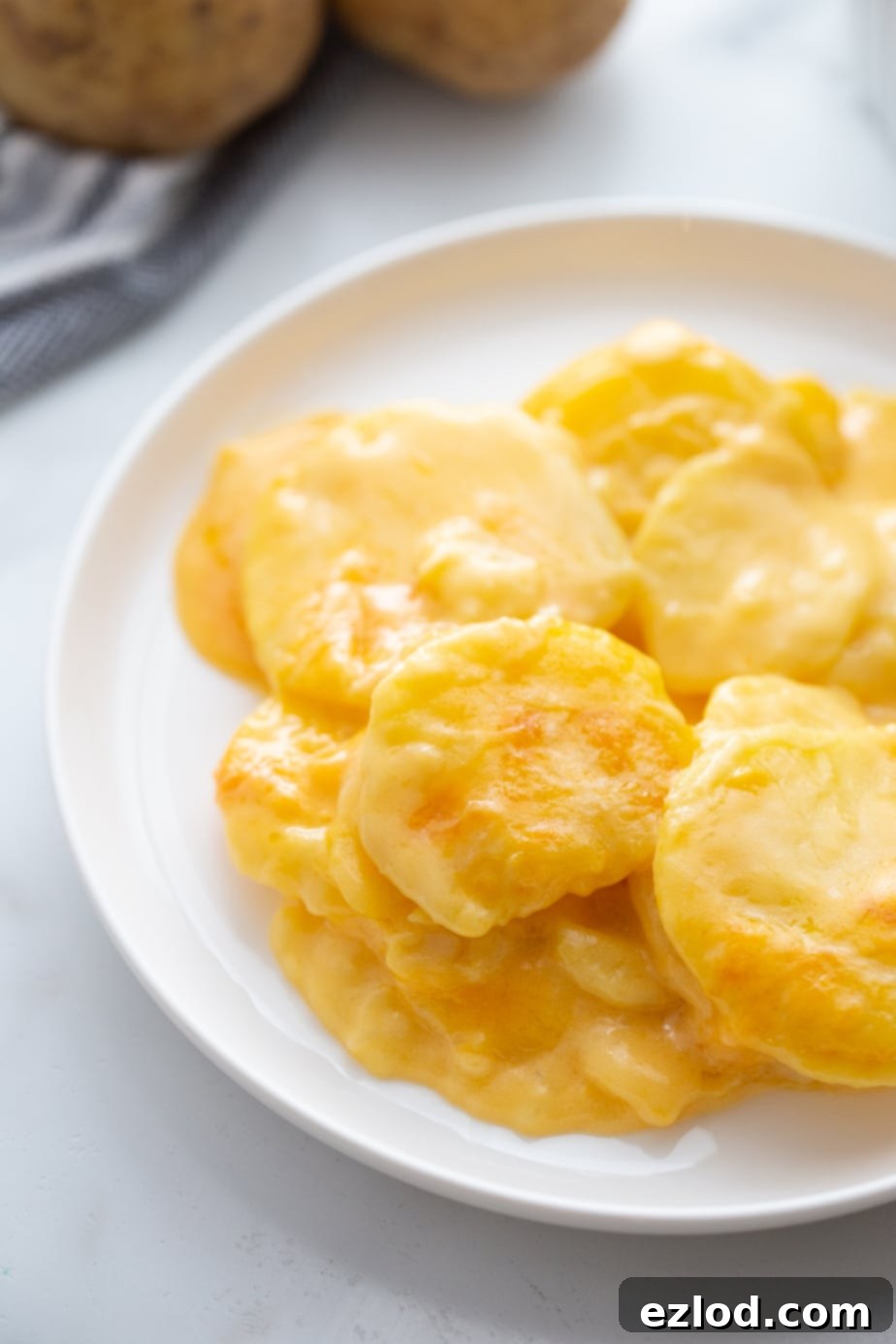 Golden cheesy scalloped potatoes au gratin served in a white bowl with a spoon, ready to be enjoyed.