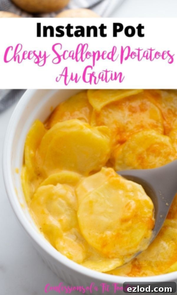 Pinterest image: A large gray serving spoon scooping into a white bowl of Instant Pot scalloped potatoes au gratin, showing the creamy layers and melted cheese.