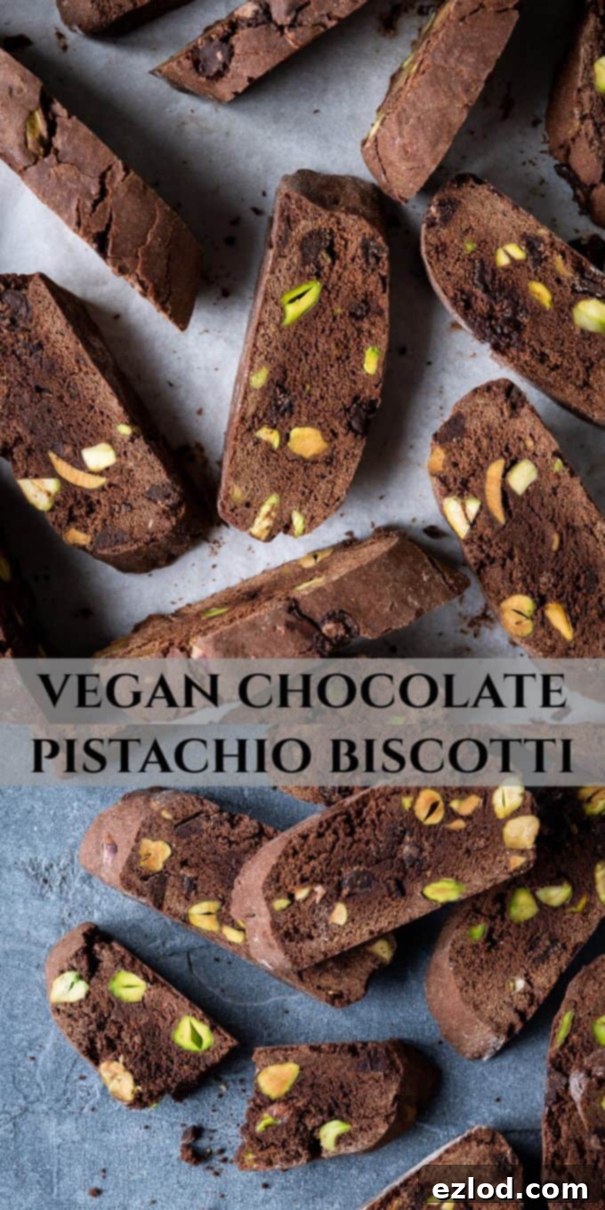 Pinterest image: A collage of vegan chocolate pistachio biscotti, perfect for sharing and inspiration.