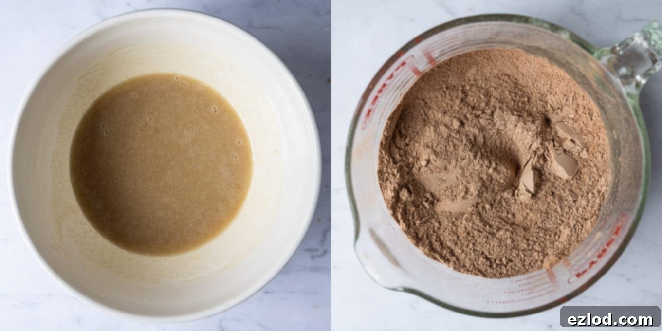 Step 1: Mixing the wet ingredients in one bowl and sifting the dry ingredients in another for biscotti preparation.