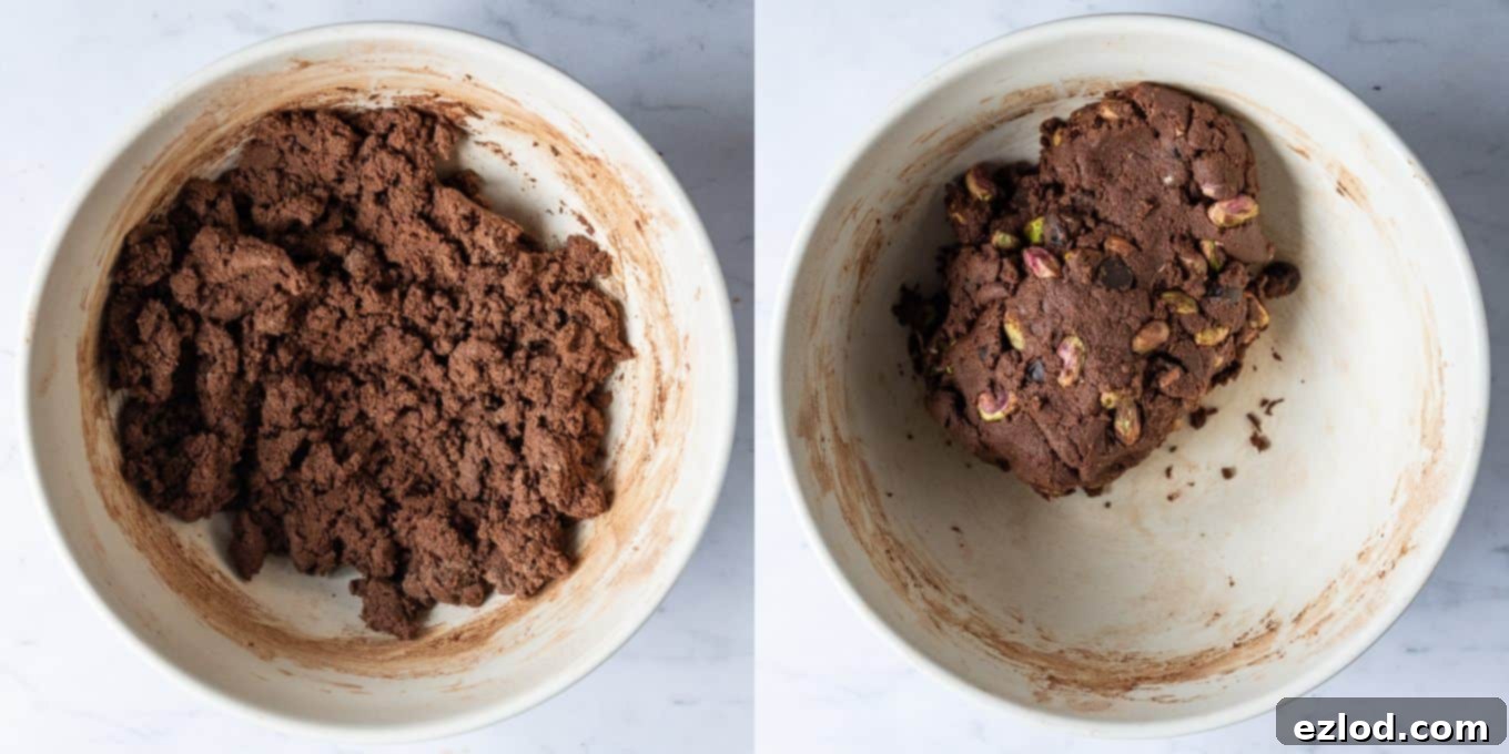 Step 2: Combining the wet and dry ingredients, then incorporating pistachios and chocolate chips to form the dough.