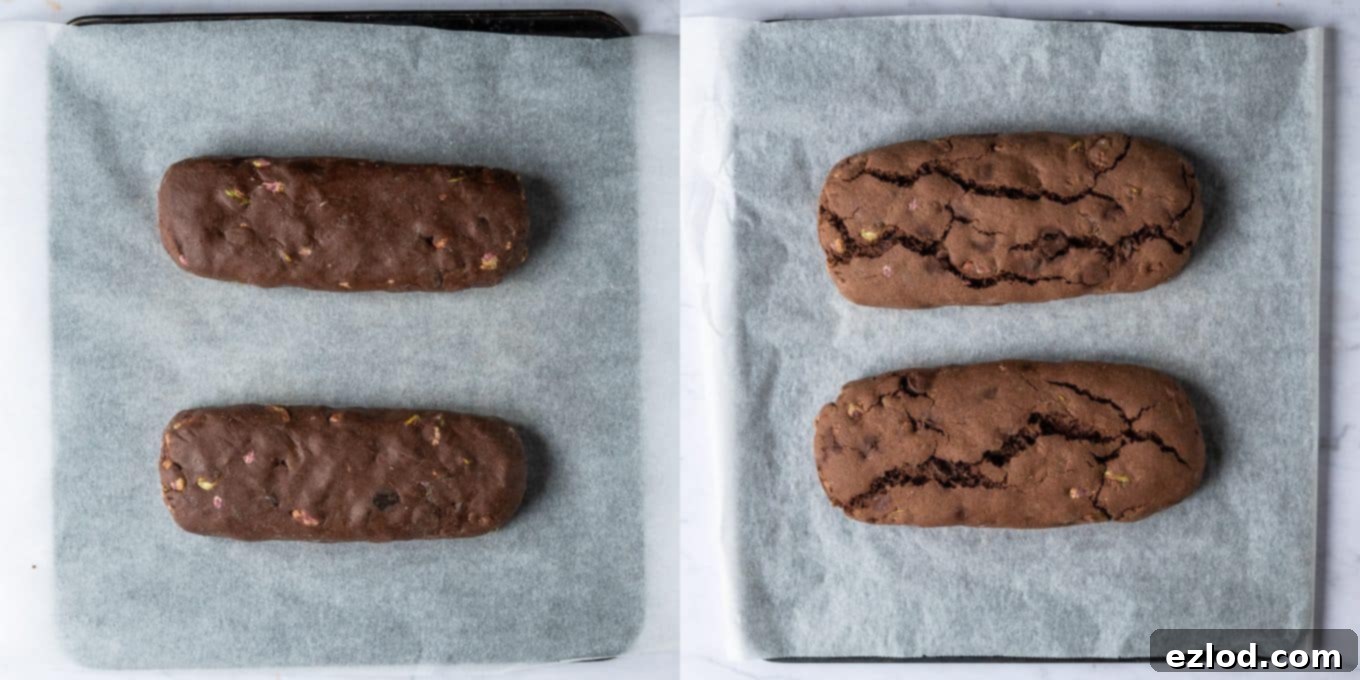 Step 3: Shaping the biscotti dough into logs on a baking sheet and showing the logs after their first bake.