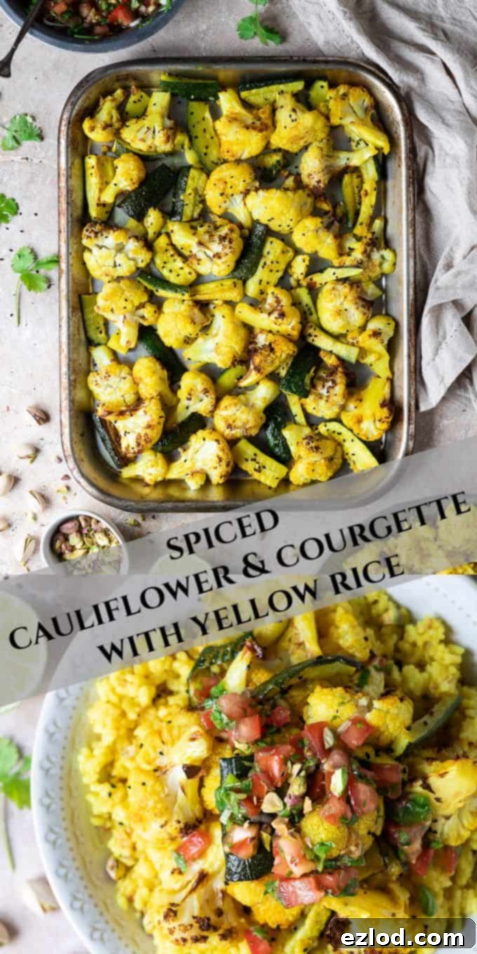 A tall, vertically oriented Pinterest image showcasing the finished Spiced Cauliflower and Courgette with Yellow Rice and Salsa, ready for pinning.