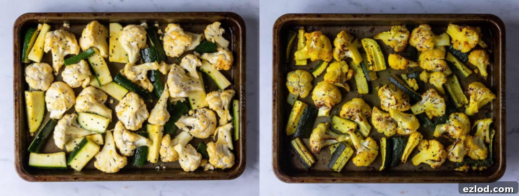 A step-by-step image showing spiced cauliflower florets and courgette strips spread out on a metal roasting tray, lightly browned and tender after roasting.