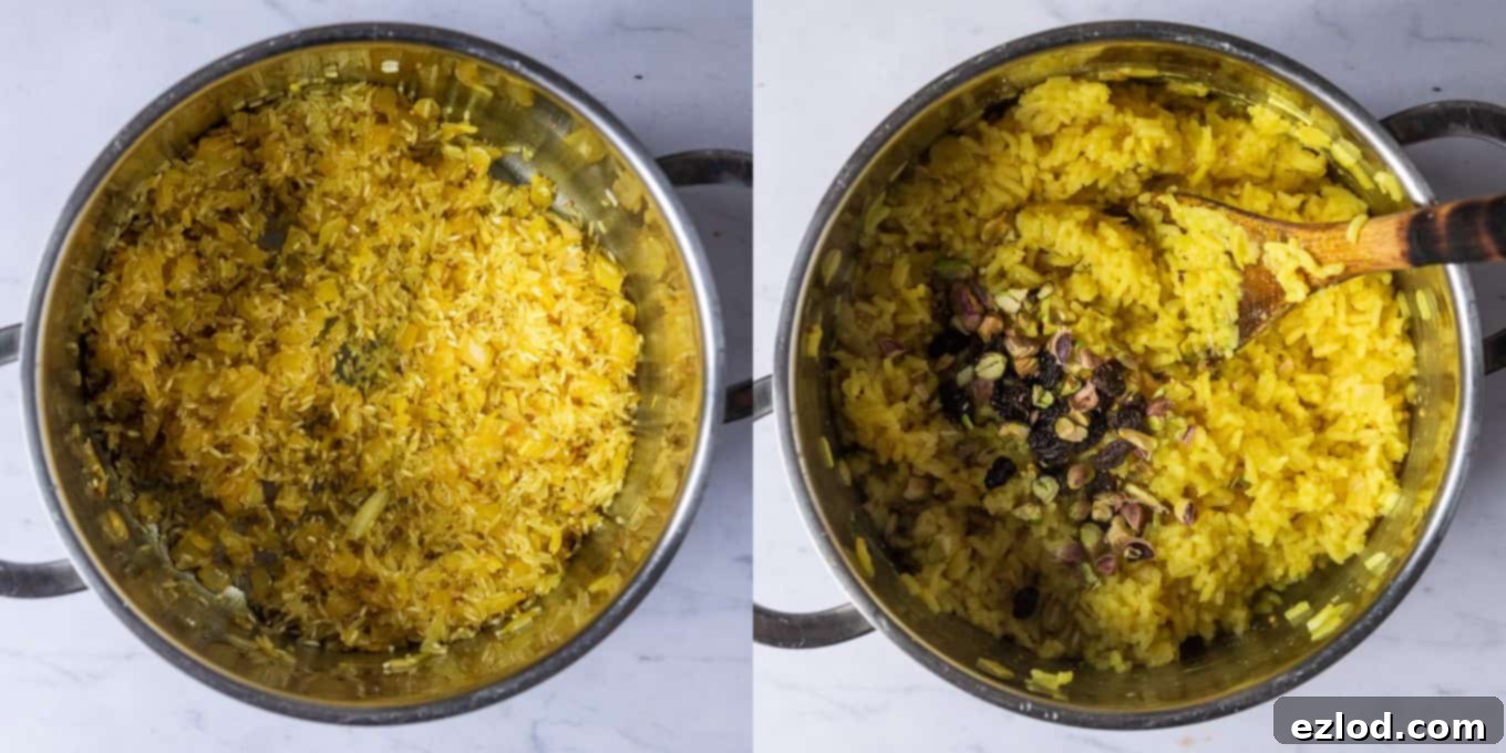 A step-by-step image showing fragrant yellow rice cooking in a saucepan with onion, garlic, turmeric, and mustard seeds, highlighting the vibrant color.