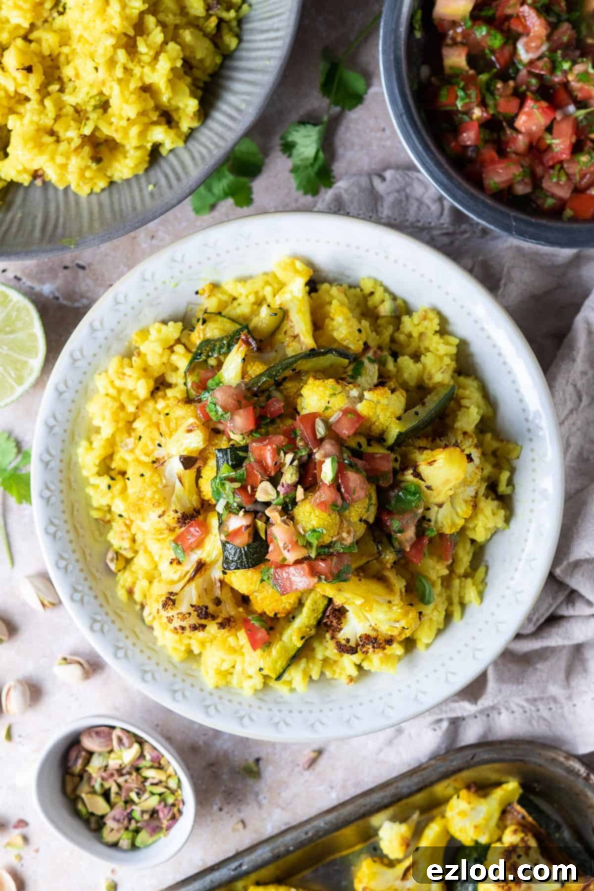 A wide shot of a complete meal: a white bowl of yellow rice topped with roasted spiced vegetables and fresh salsa, positioned alongside a separate bowl of plain rice, a bowl of salsa, and a roasting tray full of the roasted vegetables on a light background.
