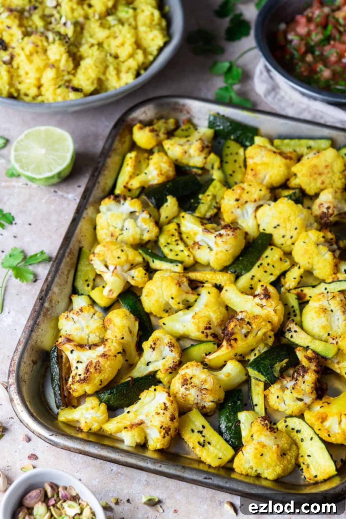A rustic overhead shot of a roasting tray filled with spiced cauliflower and courgette, resting on a stone background, with a separate bowl of fluffy yellow rice and a small bowl of fresh tomato salsa nearby.