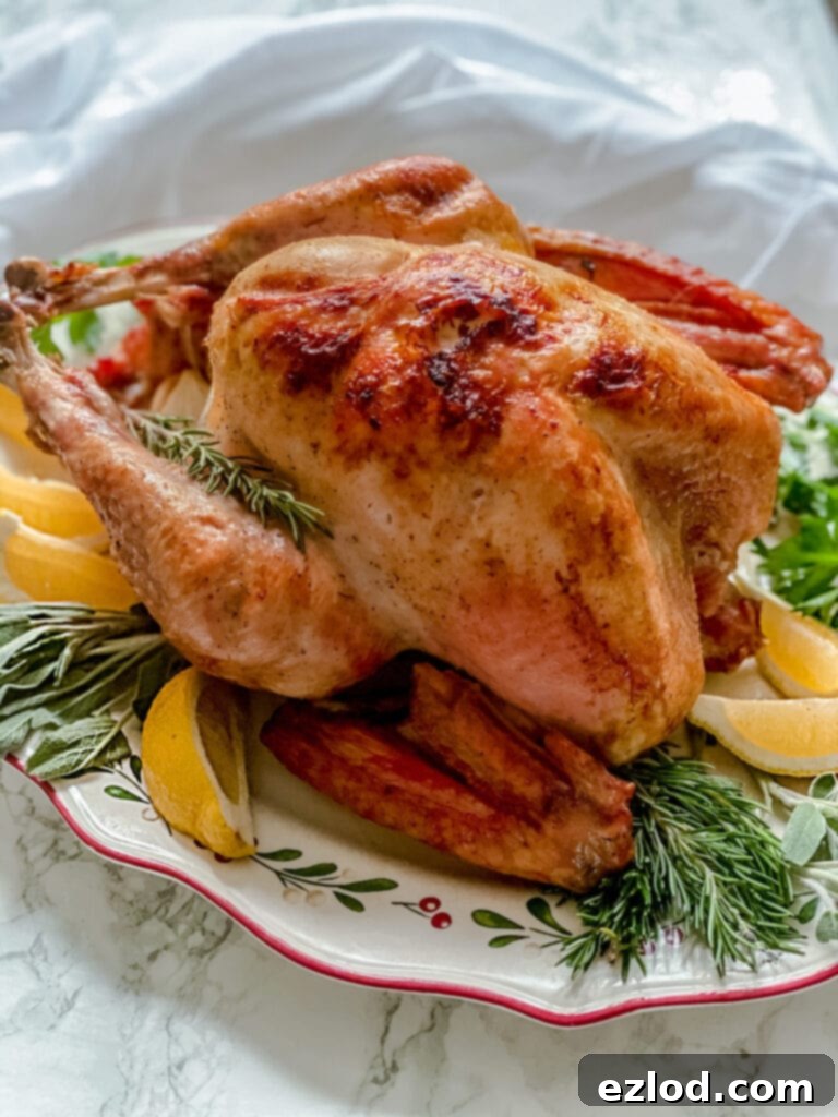 A whole roasted turkey with perfectly crispy skin on a festive holiday serving platter, elegantly garnished with fresh lemon wedges, fragrant rosemary, and aromatic sage.