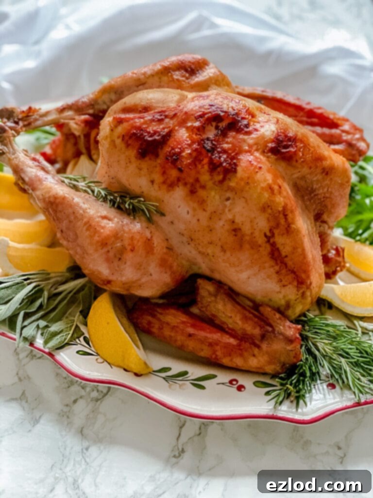 Crispy oven roasted turkey on a holiday platter garnished with fresh lemon and vibrant greens, ready for carving and serving.