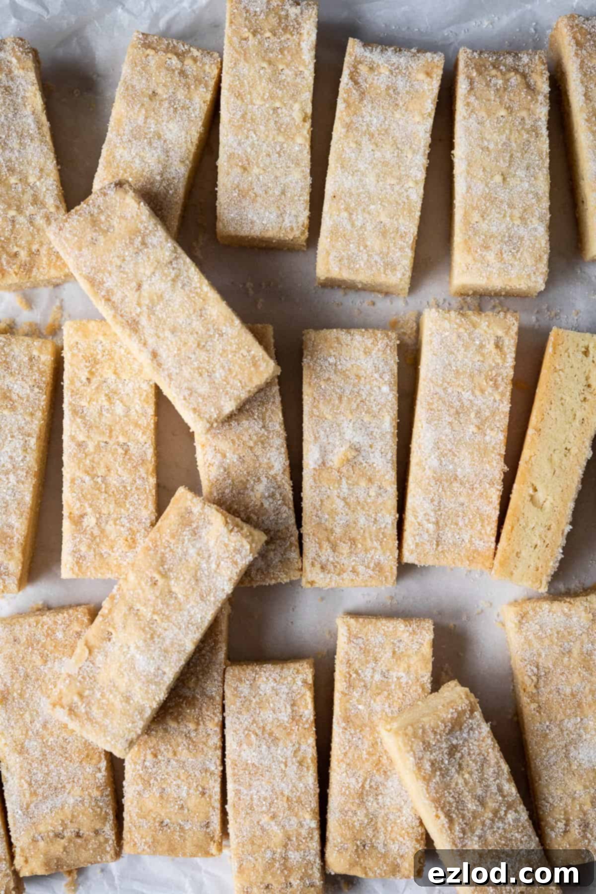 Rows of perfectly baked vegan shortbread fingers on a sheet of white baking parchment, showcasing their golden-pale hue and inviting texture.