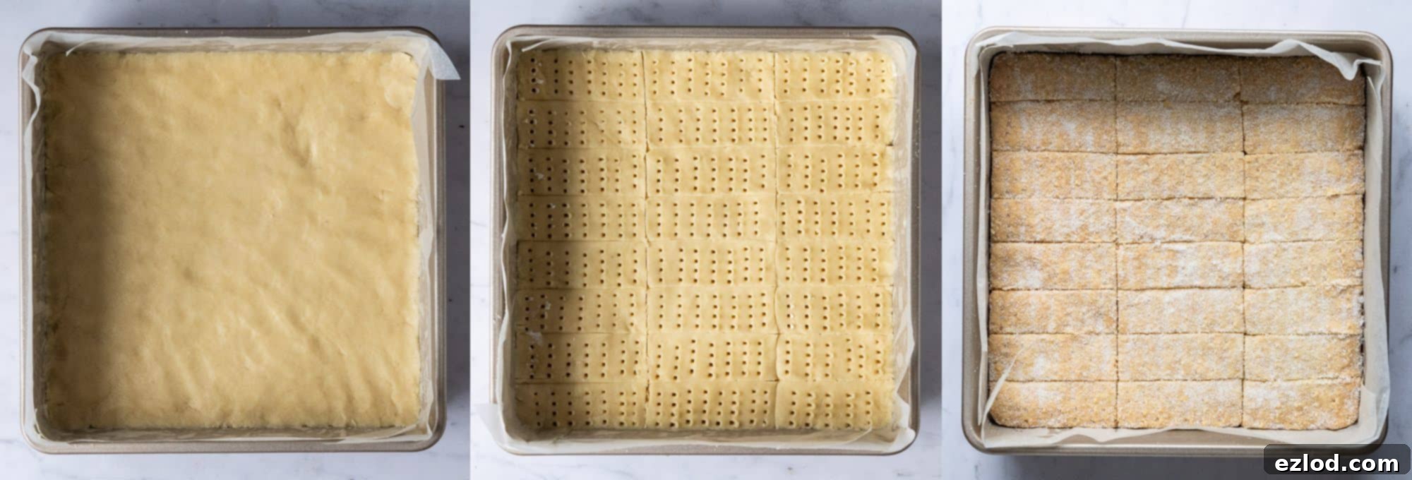 Step-by-step imagery demonstrating the process of pressing shortbread dough into a tin, scoring it into fingers, and the final baked product.