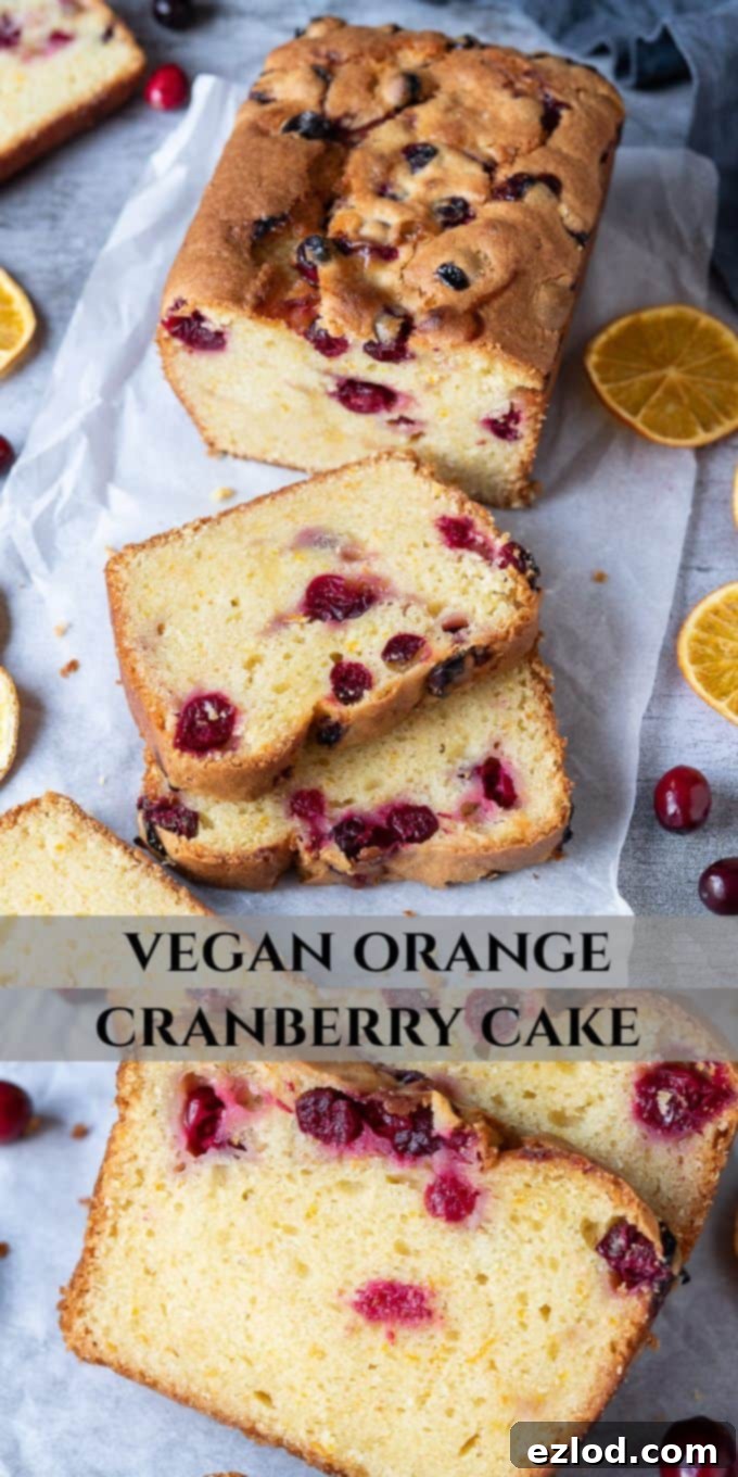 Pinterest image of vegan orange cranberry cake slices.