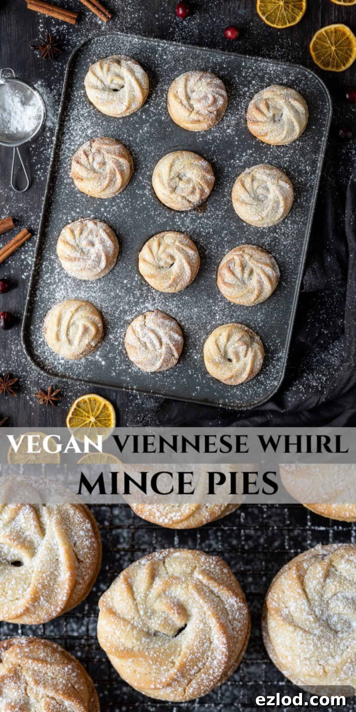 Pinterest image promoting vegan Viennese whirl mince pies, with a close-up of the finished product and festive decorations.