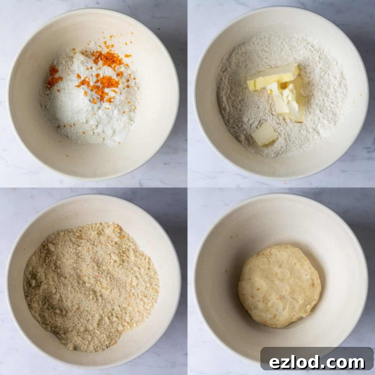 Step-by-step image showing ingredients for vegan pastry being mixed in a bowl, the first stage of making the mince pies.