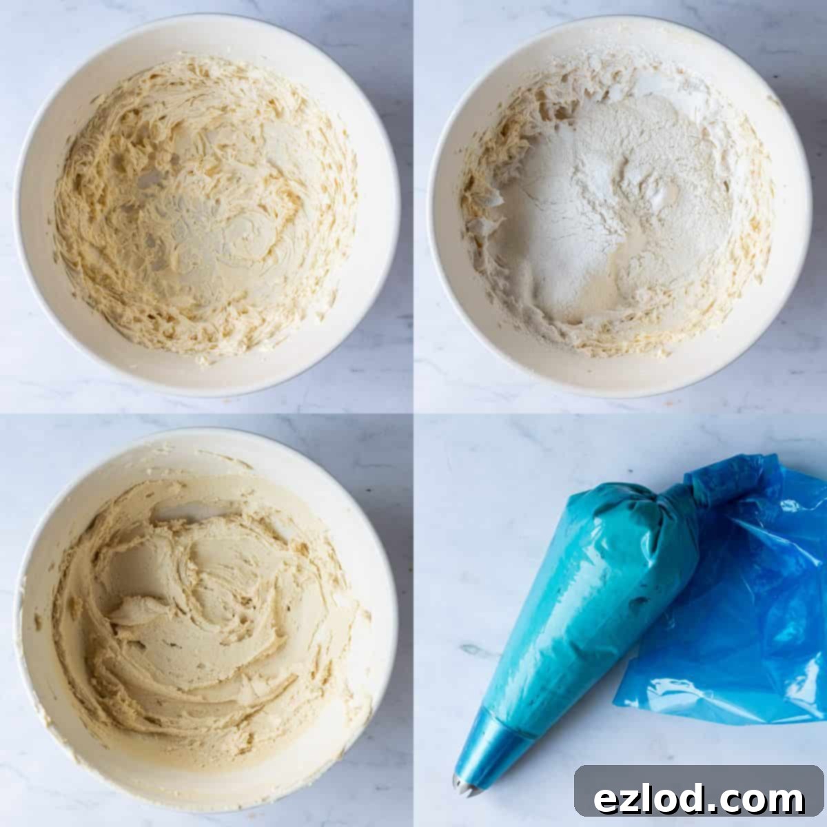 Step-by-step image showing the process of mixing ingredients for the vegan Viennese whirl topping, demonstrating its smooth texture.