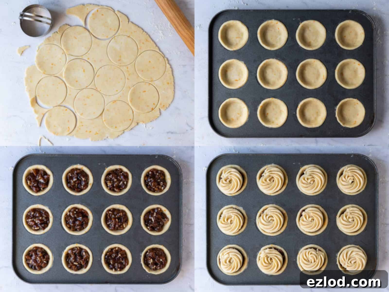 Step-by-step image showing the assembly of vegan Viennese whirl mince pies, with pastry cases filled with mincemeat and topped with piped biscuit swirls.